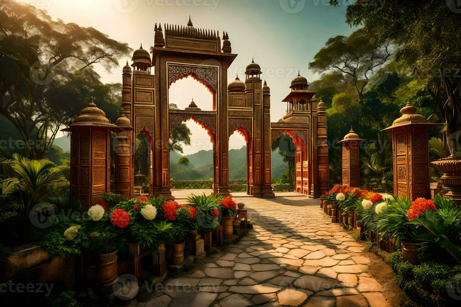 a beautiful gate in the middle of a garden. AI-Generated photo