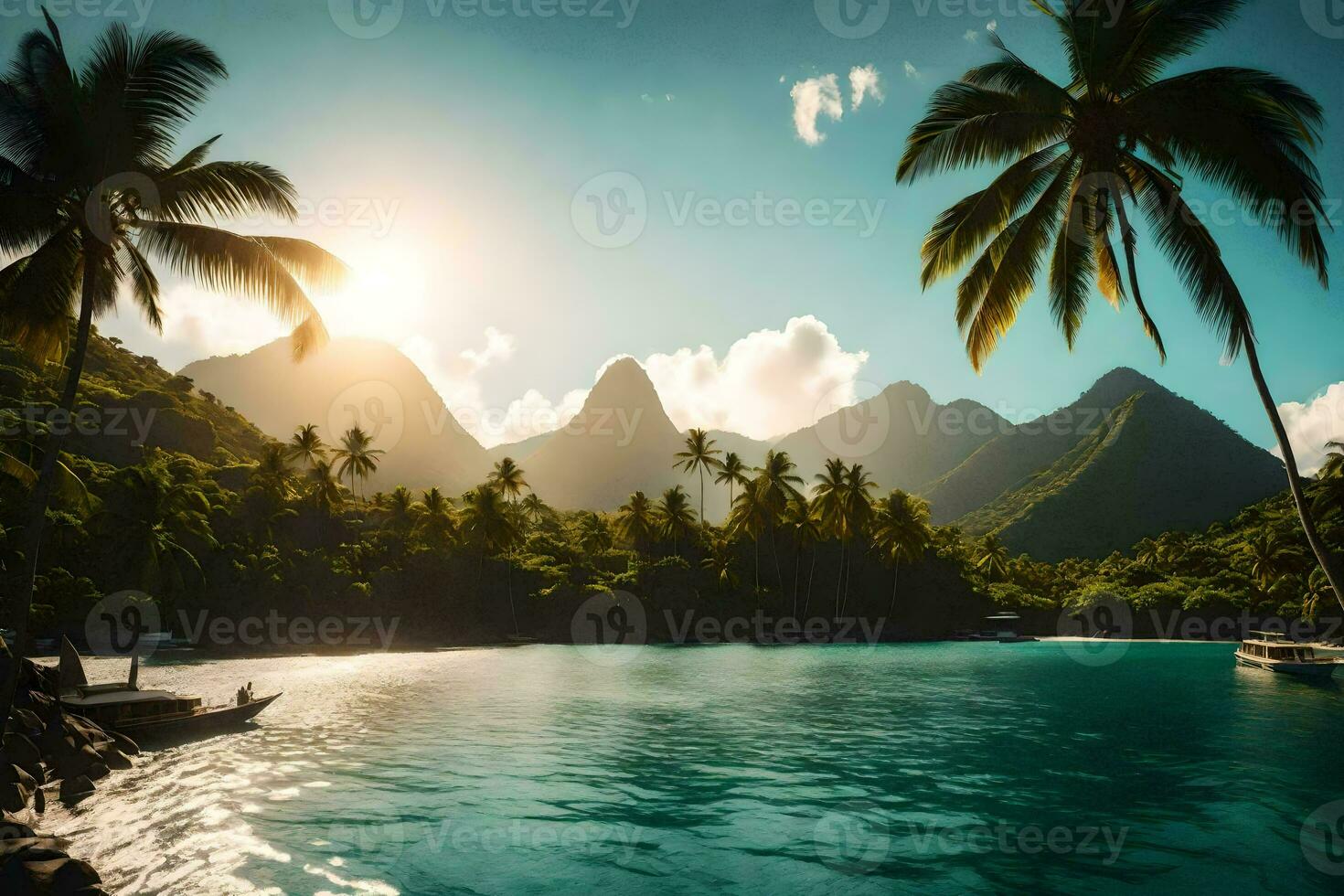 the sun shines on the ocean and mountains in the background. AI-Generated photo
