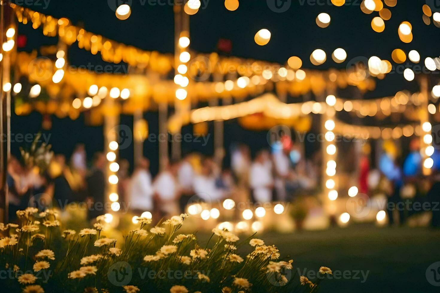 a wedding party is seen in the background with lights. AI-Generated photo