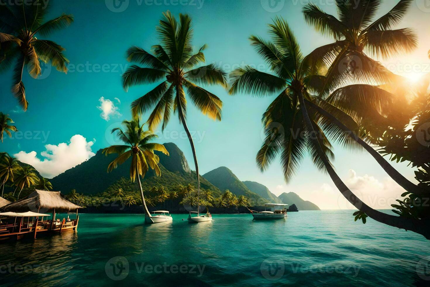 a tropical island with palm trees and boats. AI-Generated photo