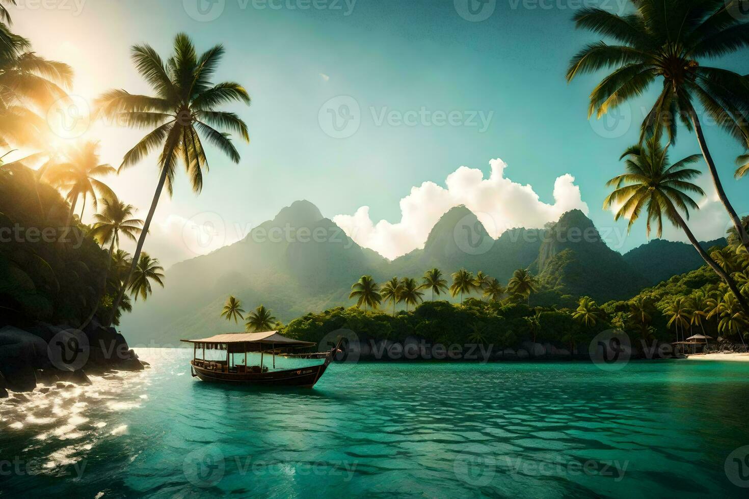 the boat is sailing in the ocean with palm trees and mountains in the background. AI-Generated photo