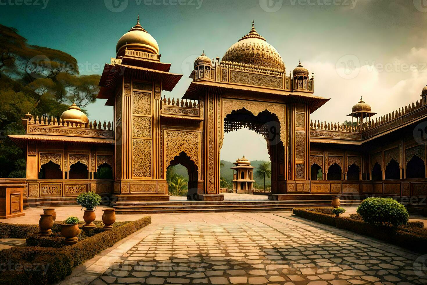 el dorado portón de el palacio. generado por ai foto