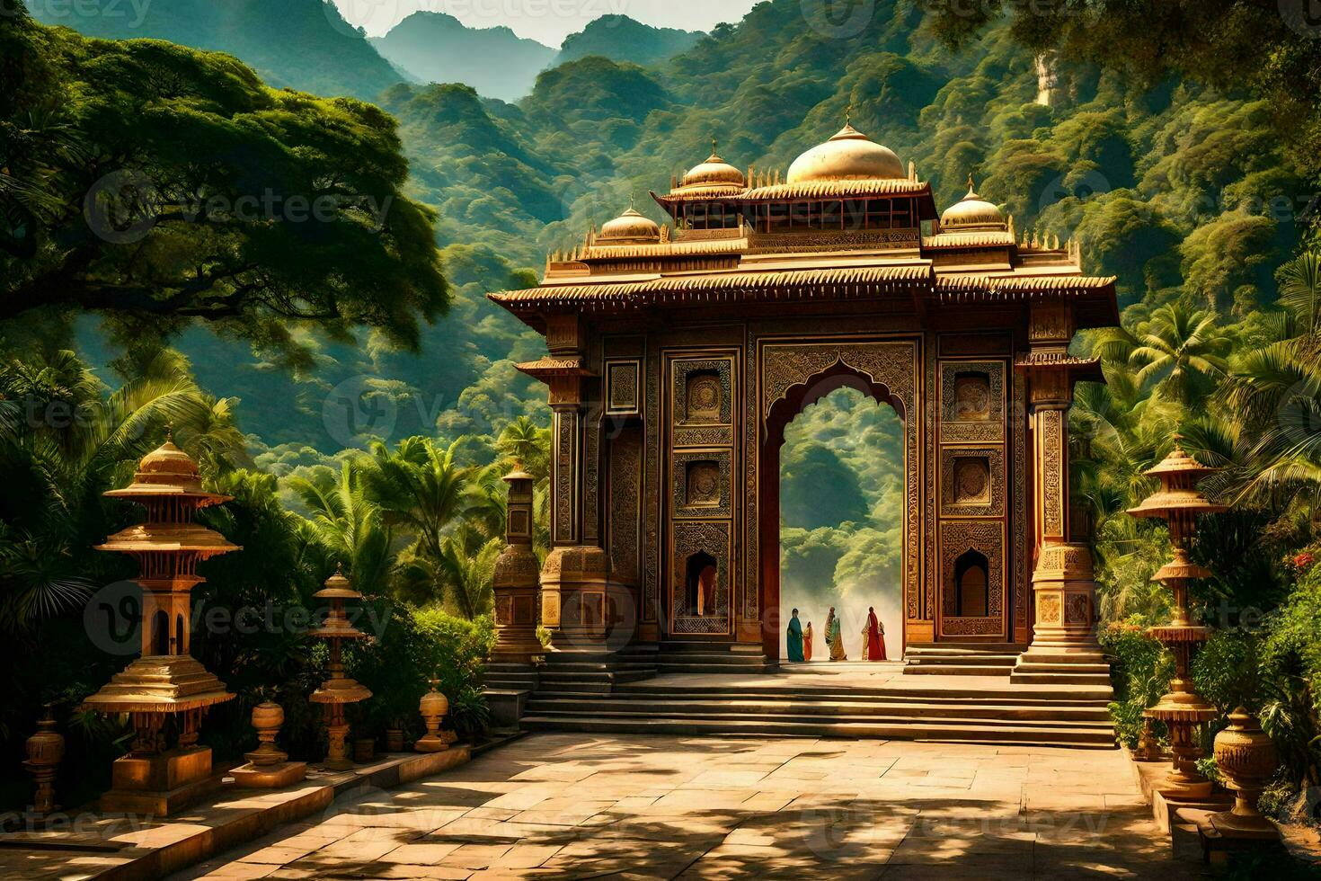 the entrance to a temple in the middle of a jungle. AI-Generated photo