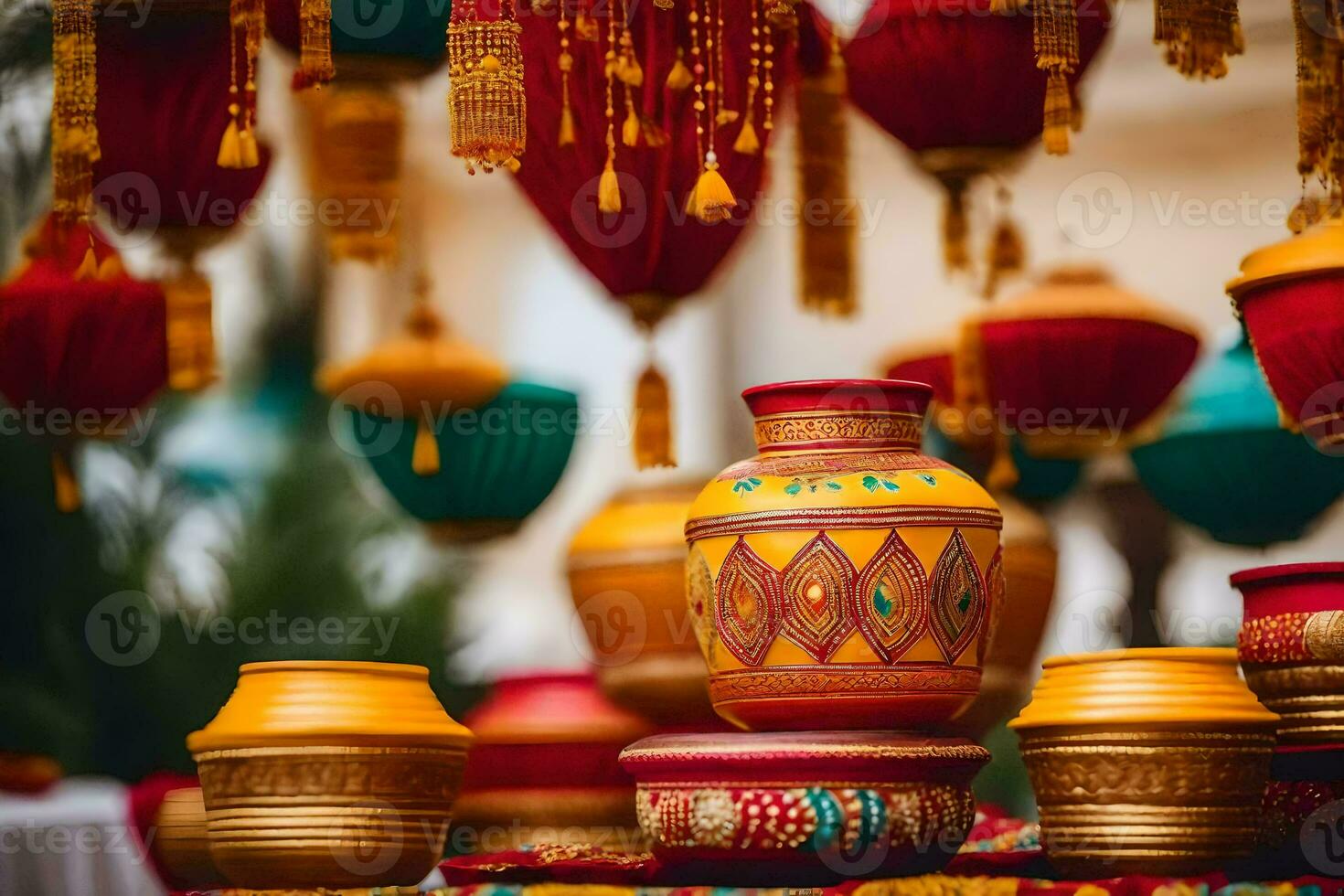 colorful pots and vases are displayed on a table. AI-Generated photo