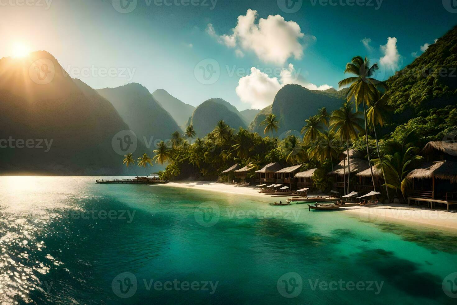 a tropical island with huts and palm trees. AI-Generated photo