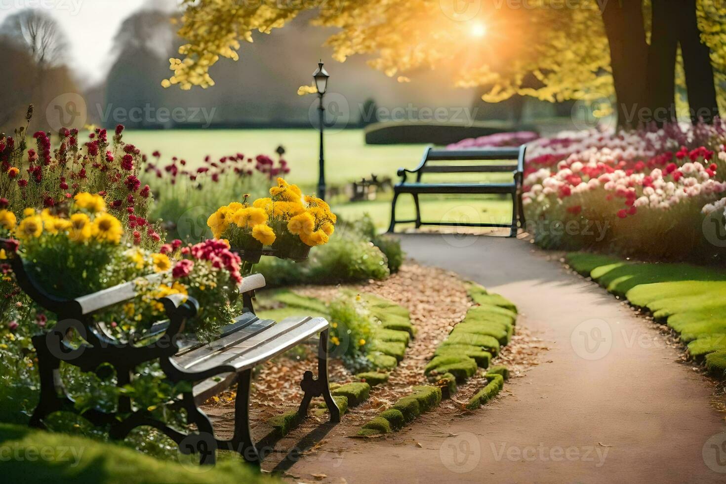 a bench and flowers in a park. AI-Generated photo