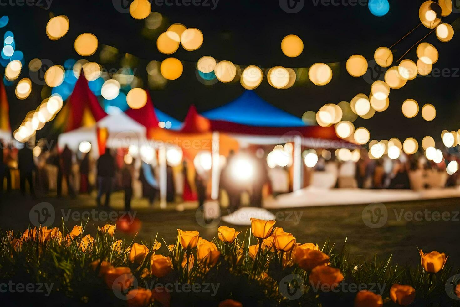 a night time view of a garden with lights and flowers. AI-Generated photo
