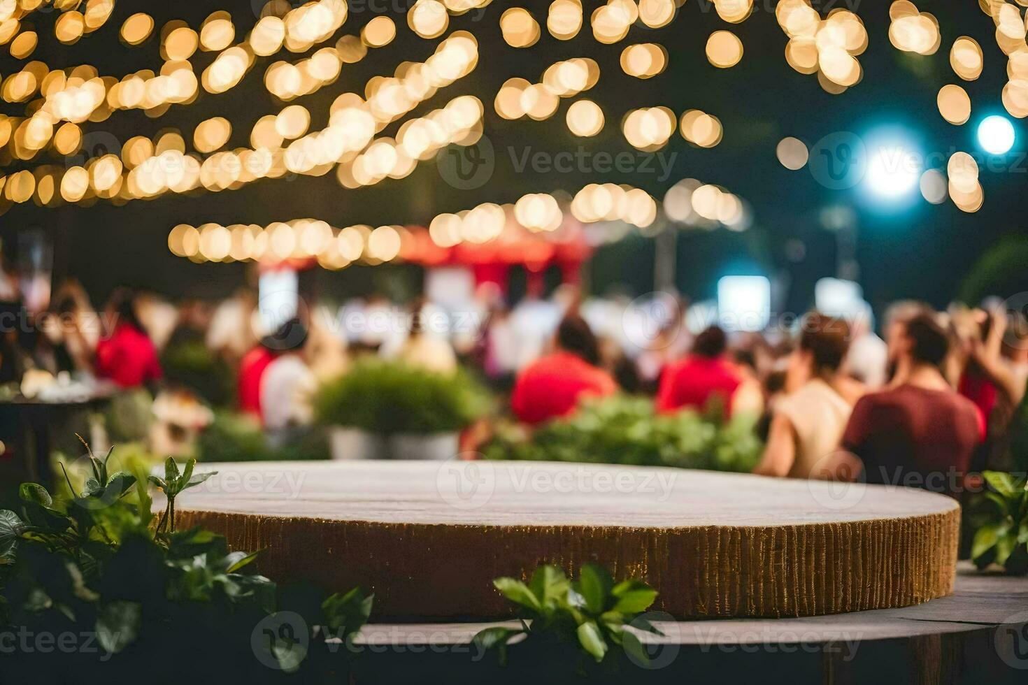 a wooden table with lights on it. AI-Generated photo