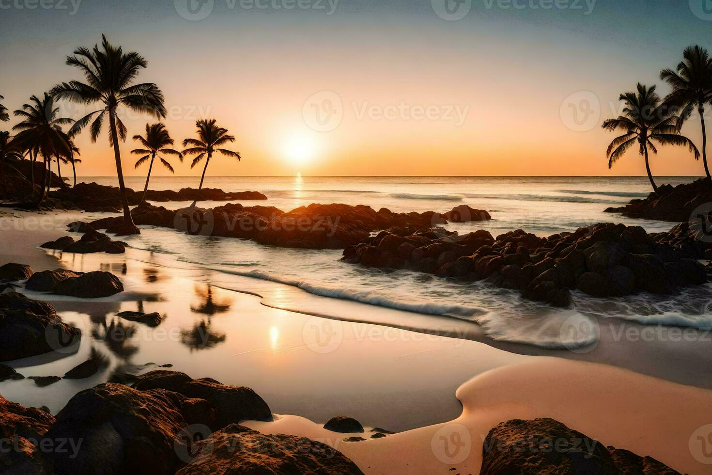 el Dom conjuntos en el playa en el Pacífico océano. generado por ai foto