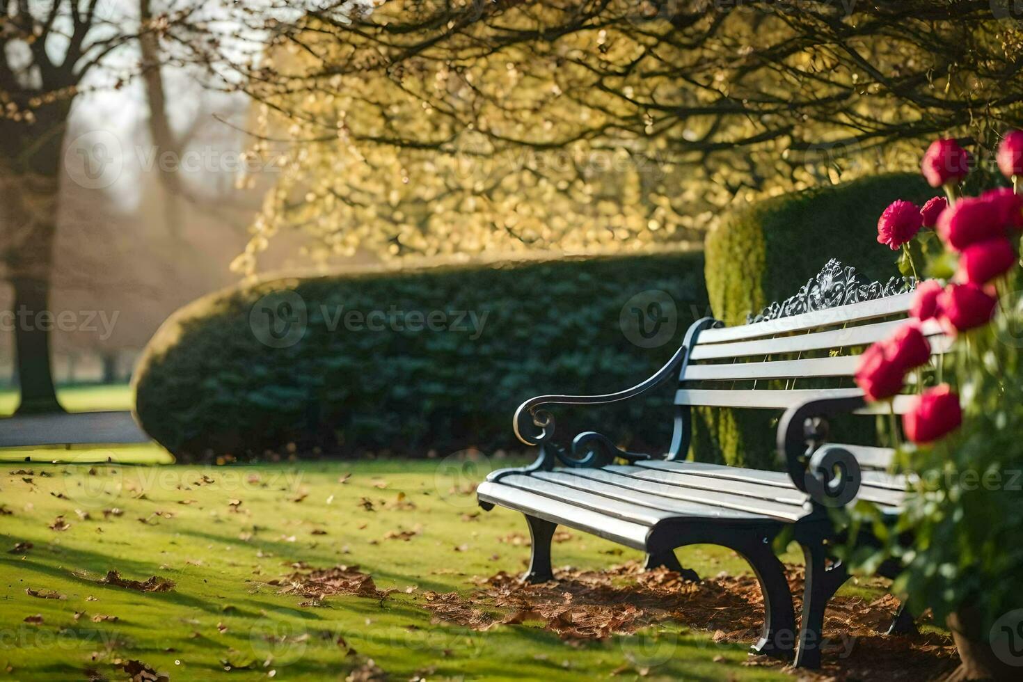 a bench sits in the middle of a park. AI-Generated photo