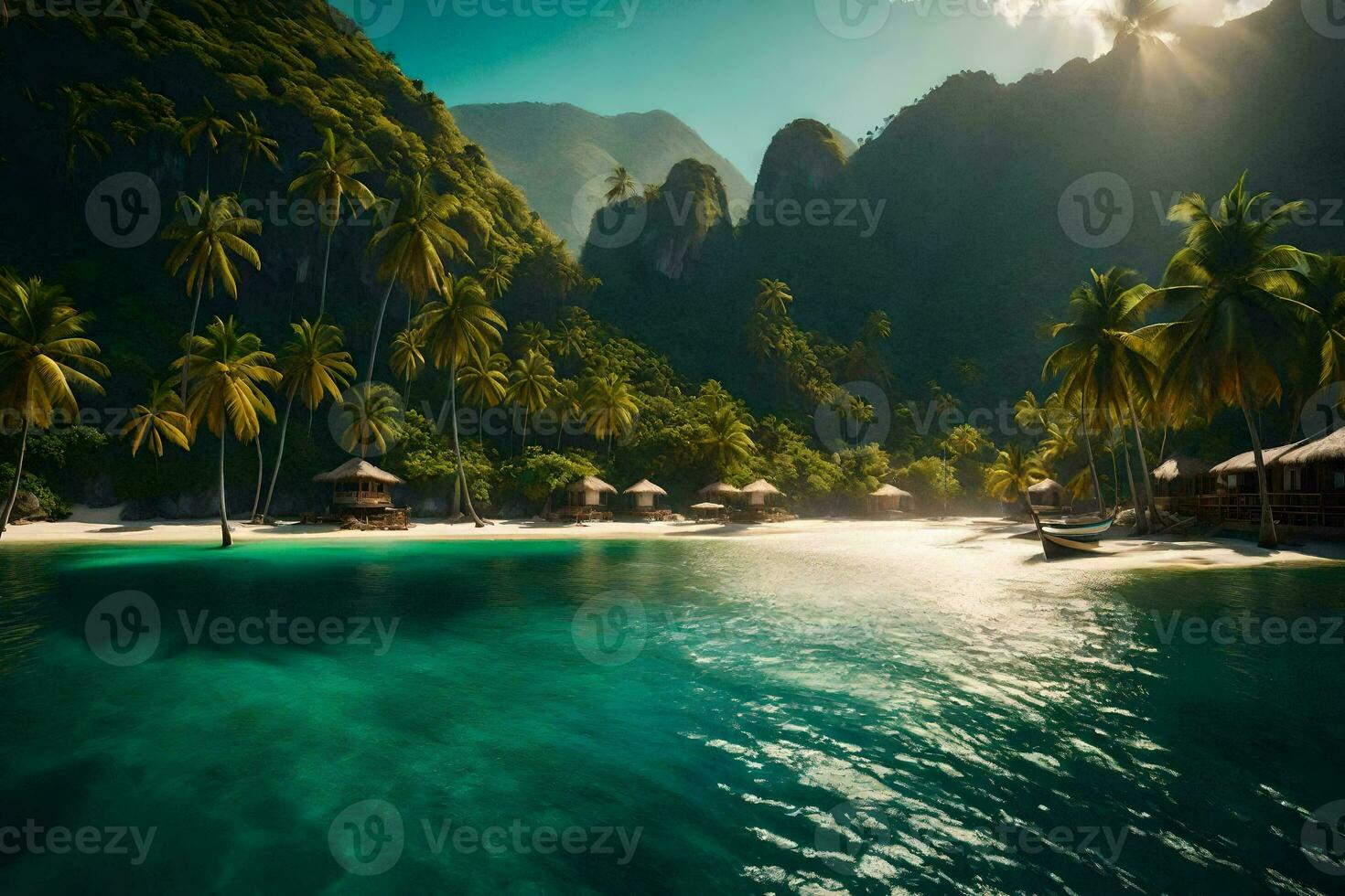 a tropical island with palm trees and huts. AI-Generated photo