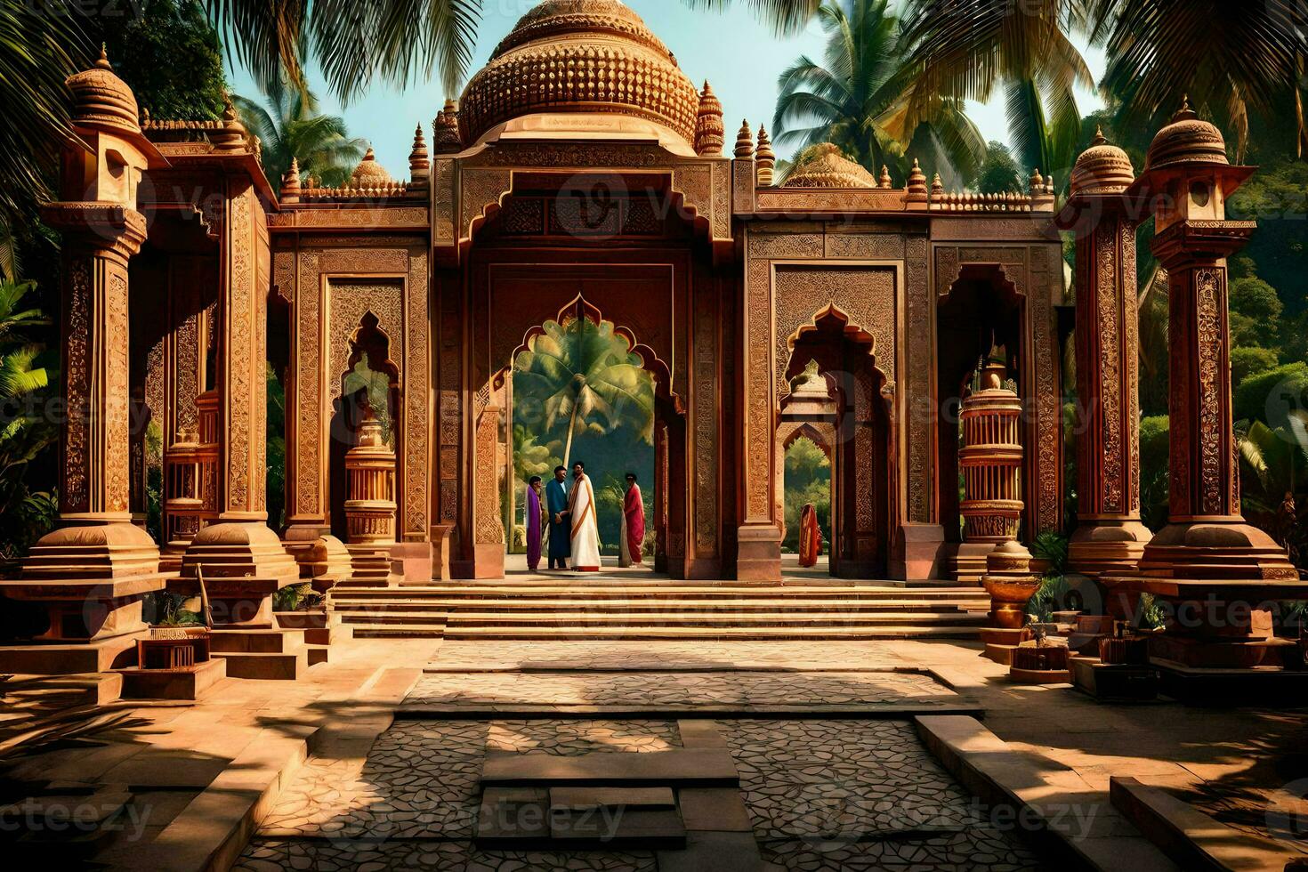 a beautiful temple in india with people walking around. AI-Generated photo