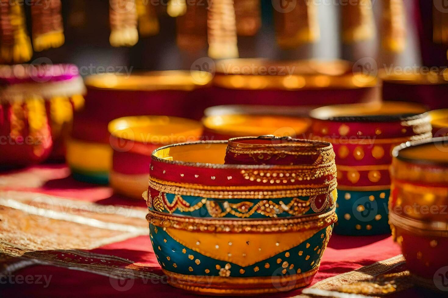 colorful bowls are on display at an indian market. AI-Generated photo