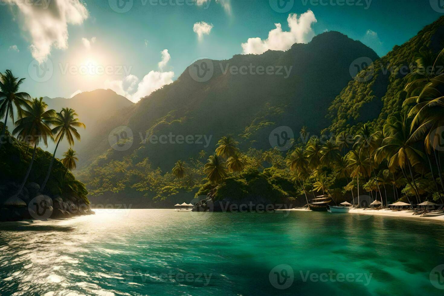 the sun shines over a tropical beach and palm trees. AI-Generated photo