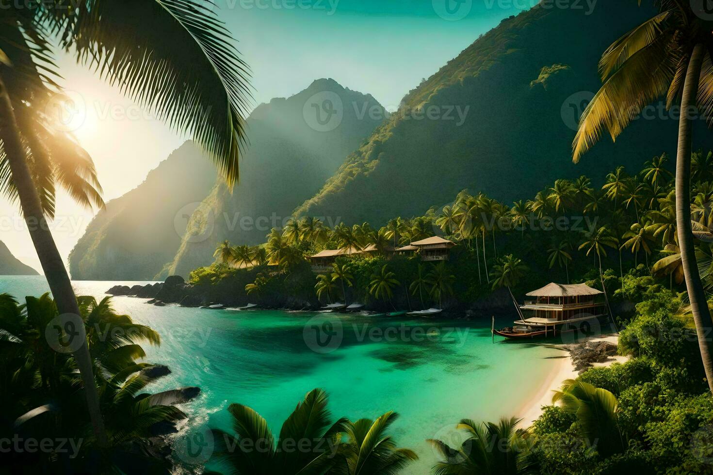 a tropical beach with palm trees and mountains. AI-Generated photo
