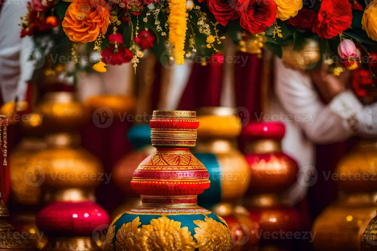 colorful vases with colorful flowers and gold decorations. AI-Generated photo
