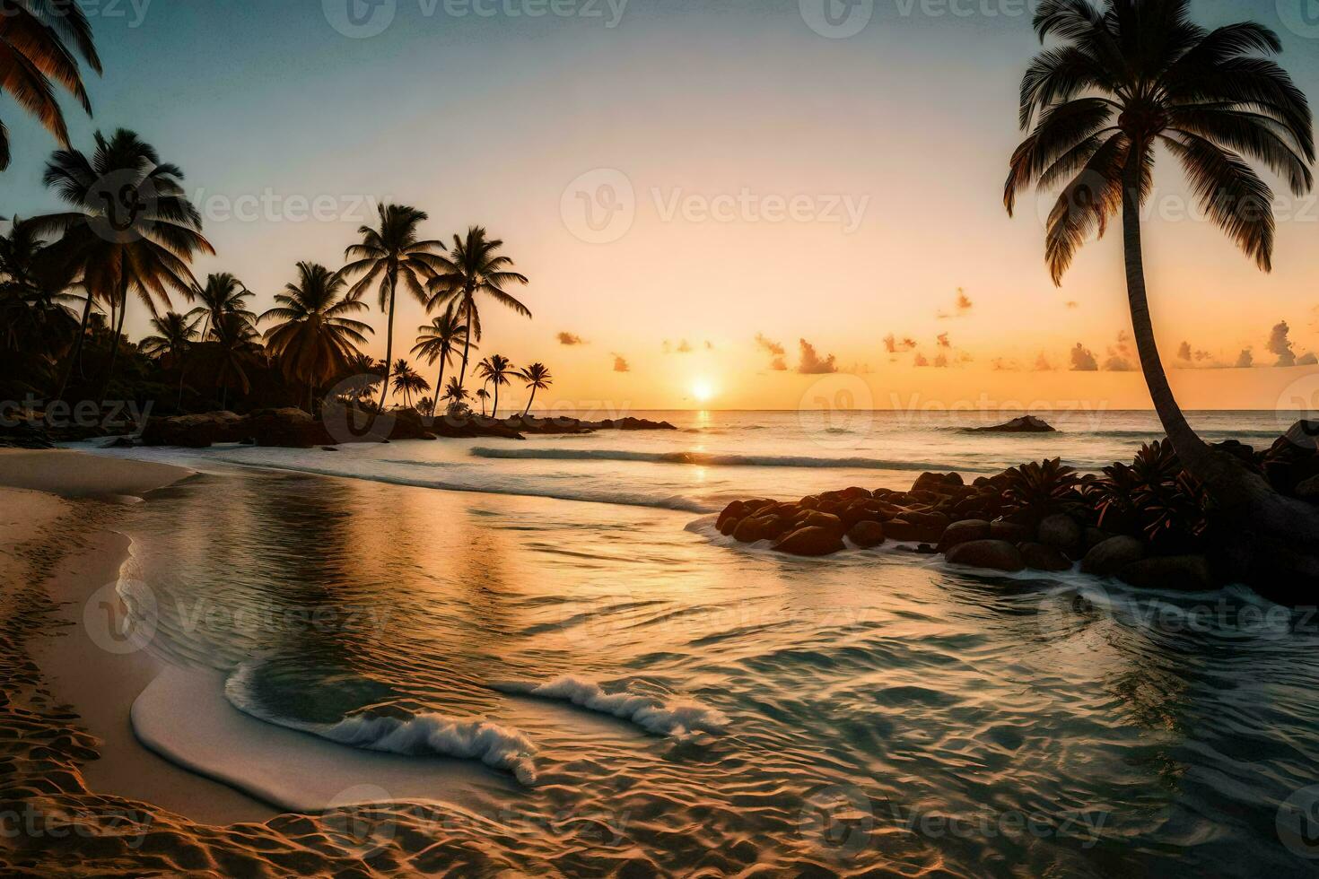 el Dom conjuntos terminado el Oceano y palma arboles en un playa. generado por ai foto