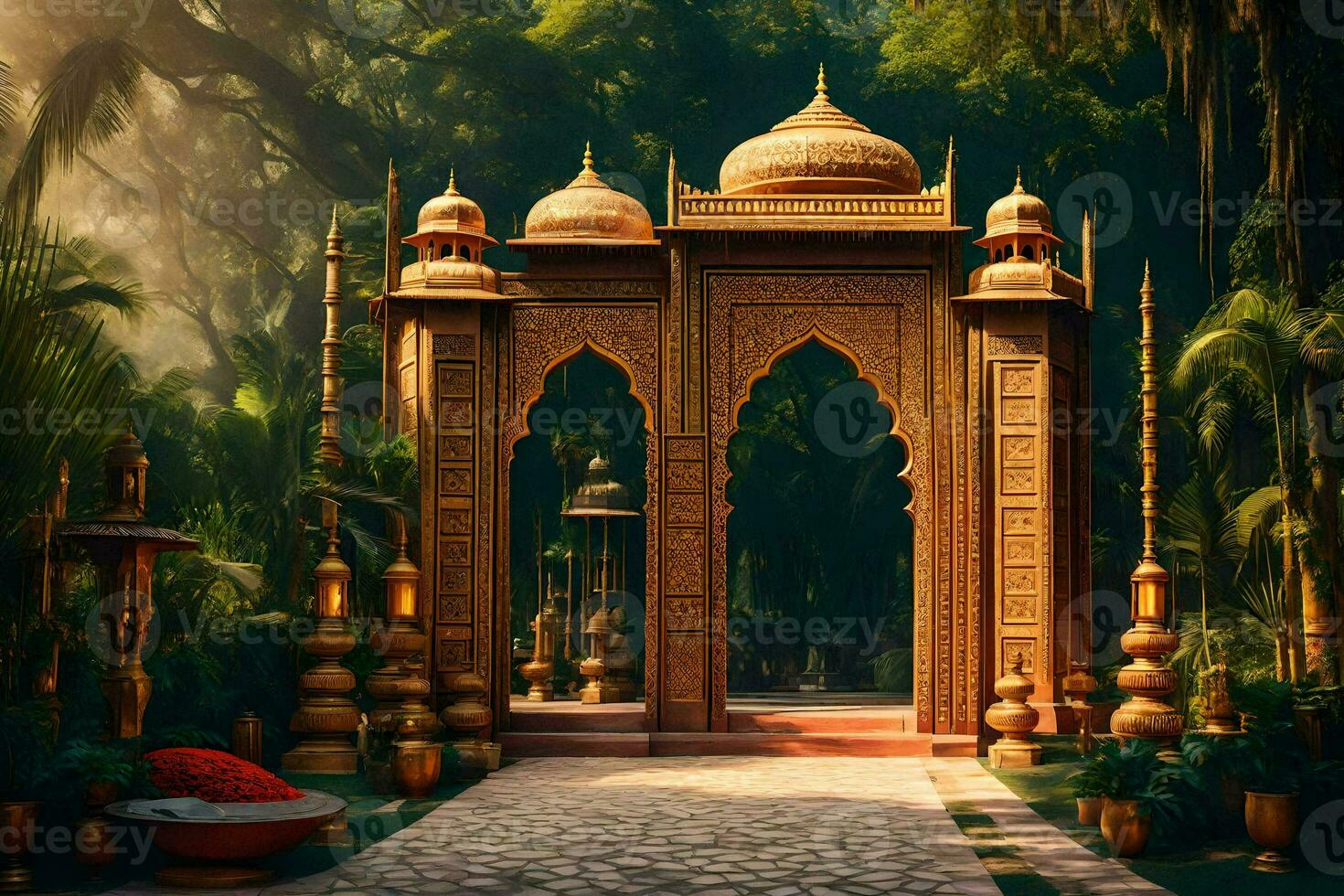 an ornate entrance to a garden in the middle of a jungle. AI-Generated photo