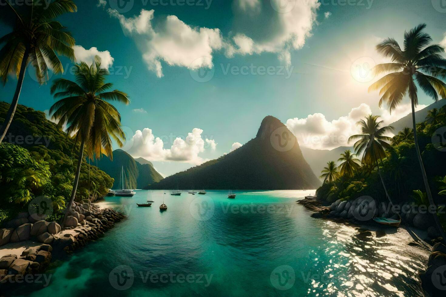 the beautiful view of the ocean and mountains in st lucia. AI-Generated photo