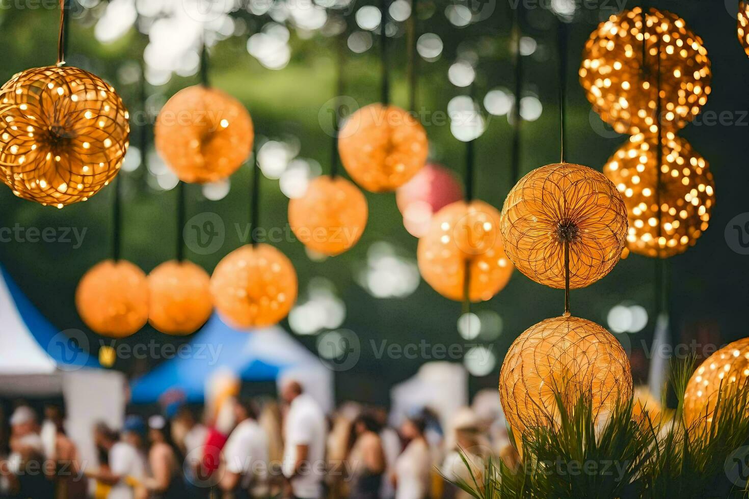 many yellow paper lanterns hanging from the trees. AI-Generated photo
