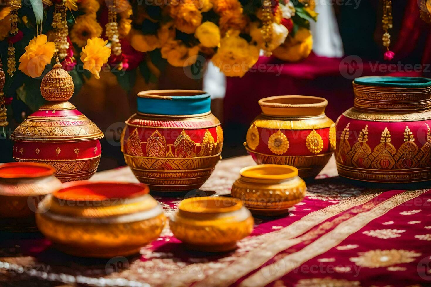 indian wedding decor with colorful pots and vases. AI-Generated photo