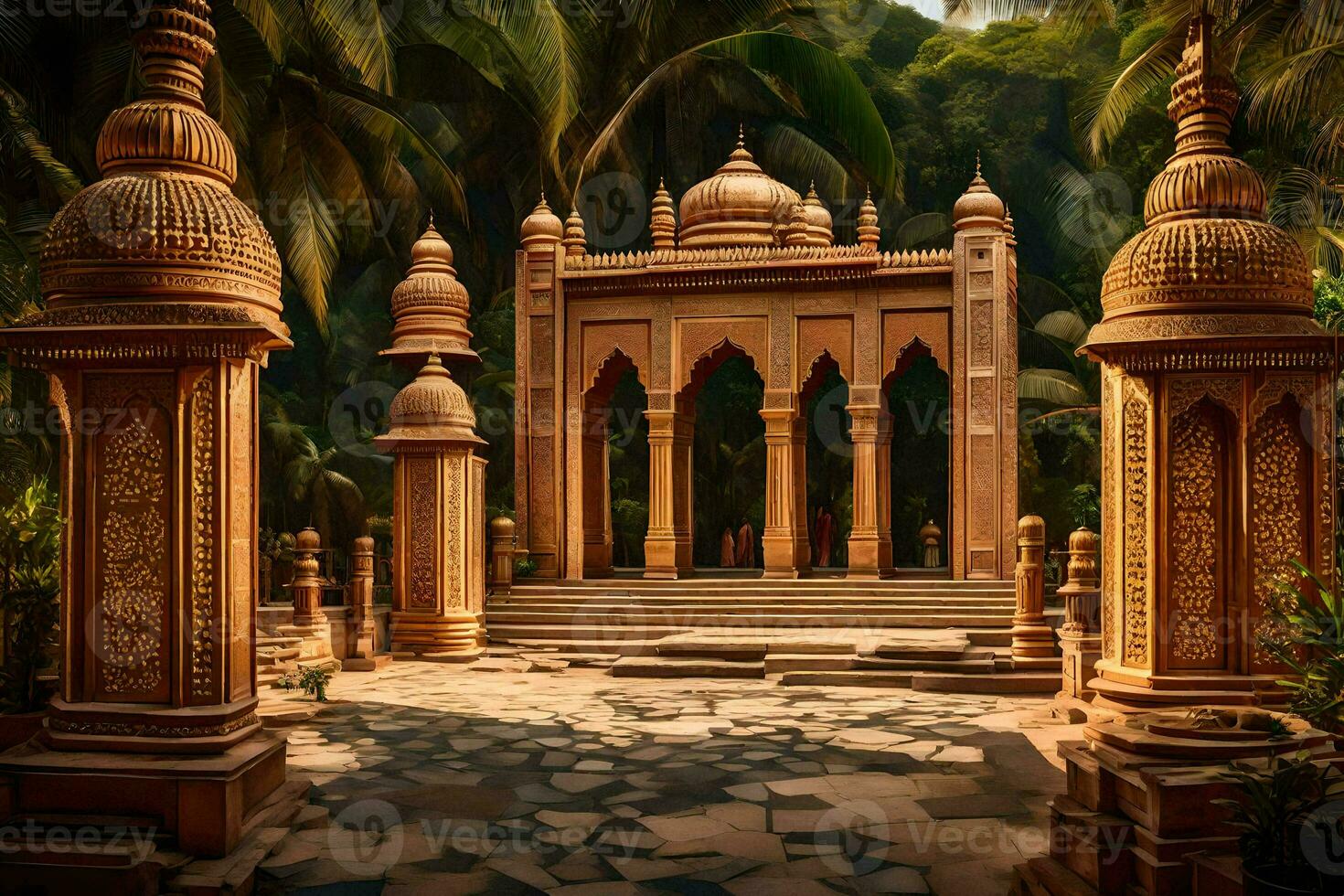 an ornate temple in the middle of a jungle. AI-Generated photo