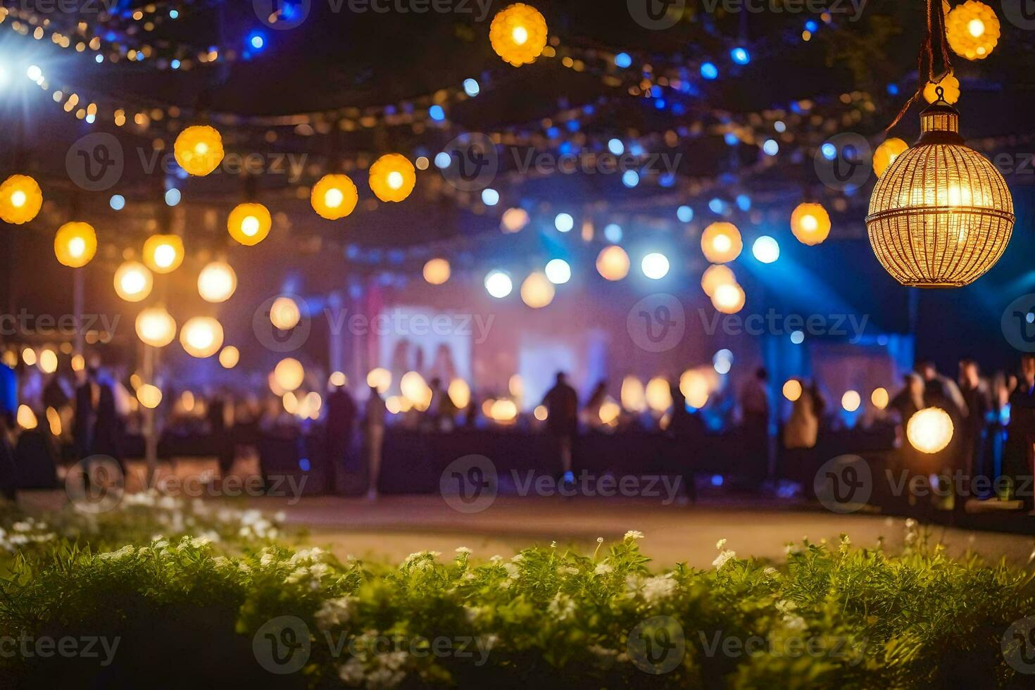 an outdoor event with lots of lights and flowers. AI-Generated photo