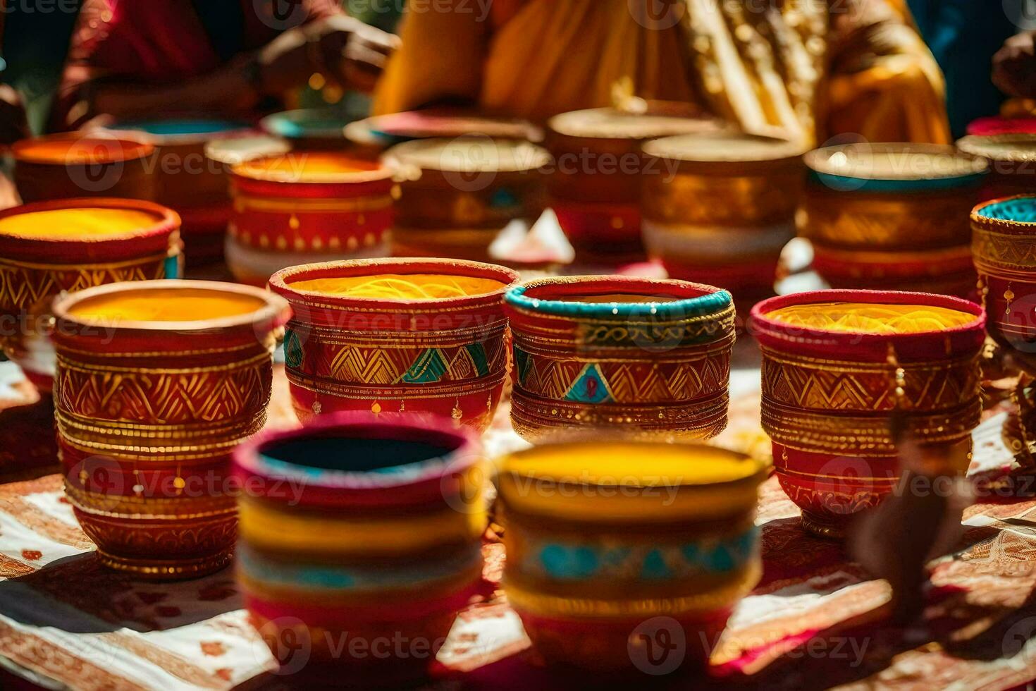 colorful cups are displayed on a table. AI-Generated photo