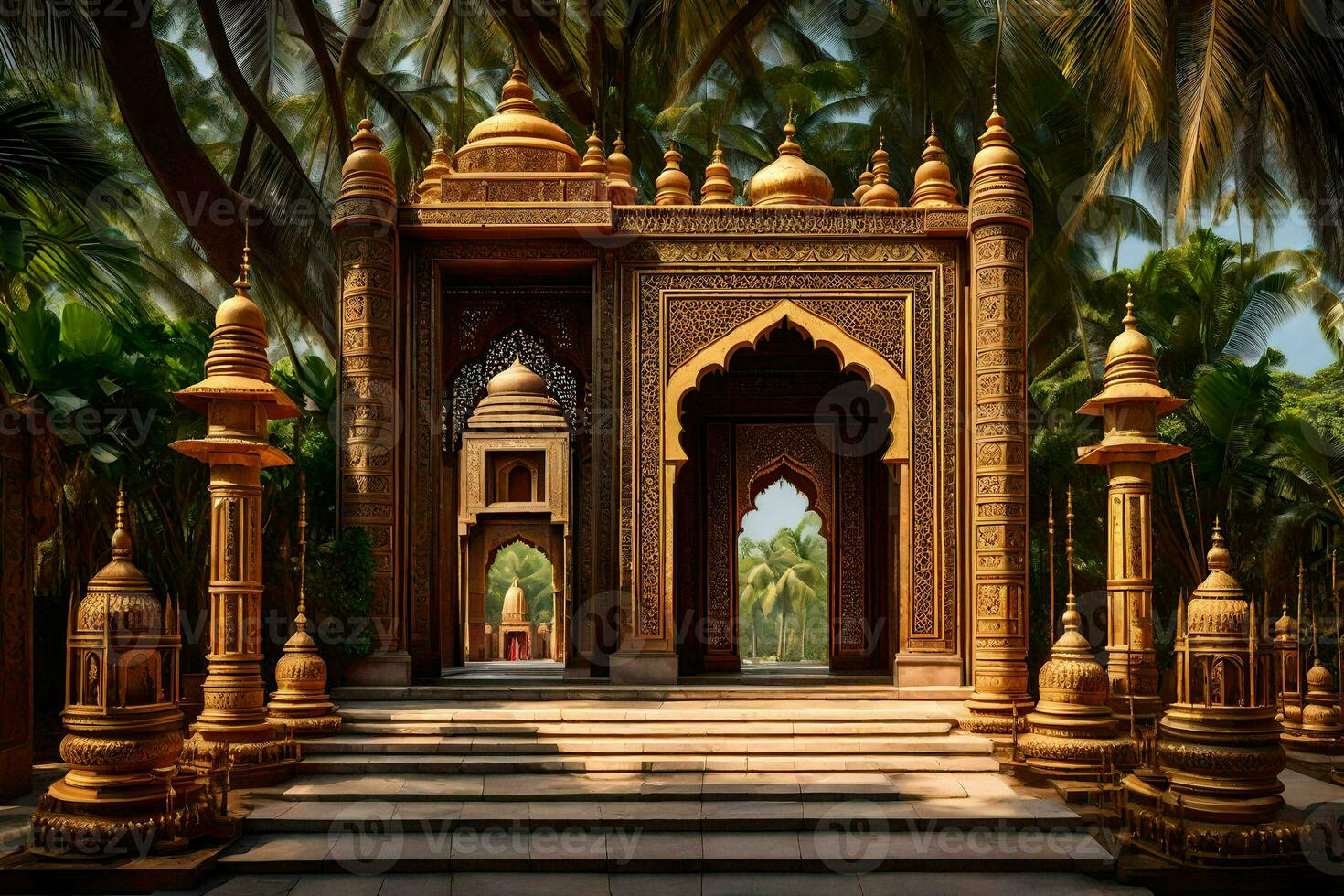 an ornate entrance to a garden with palm trees. AI-Generated photo