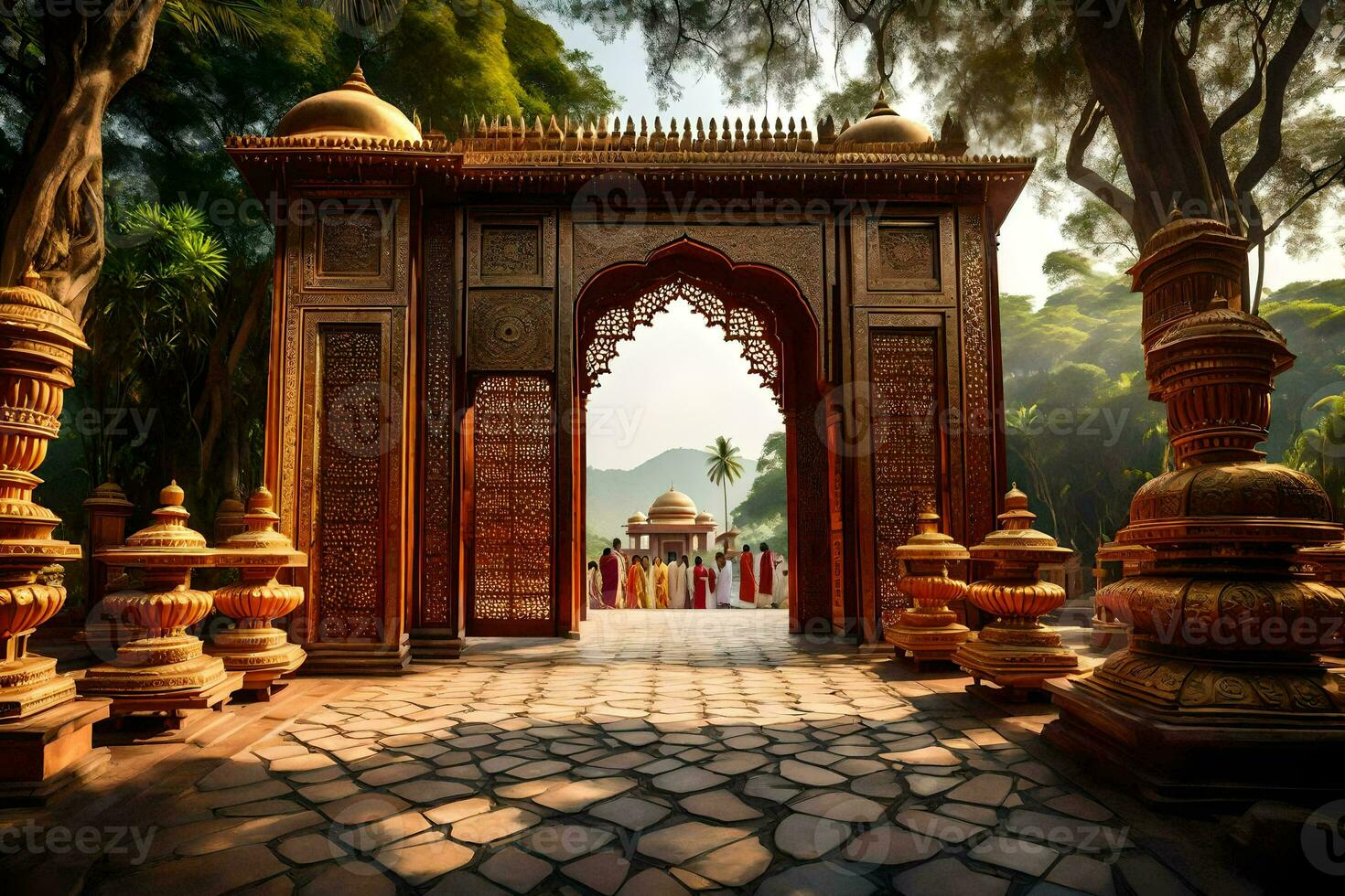 an ornate gate in the middle of a park. AI-Generated photo