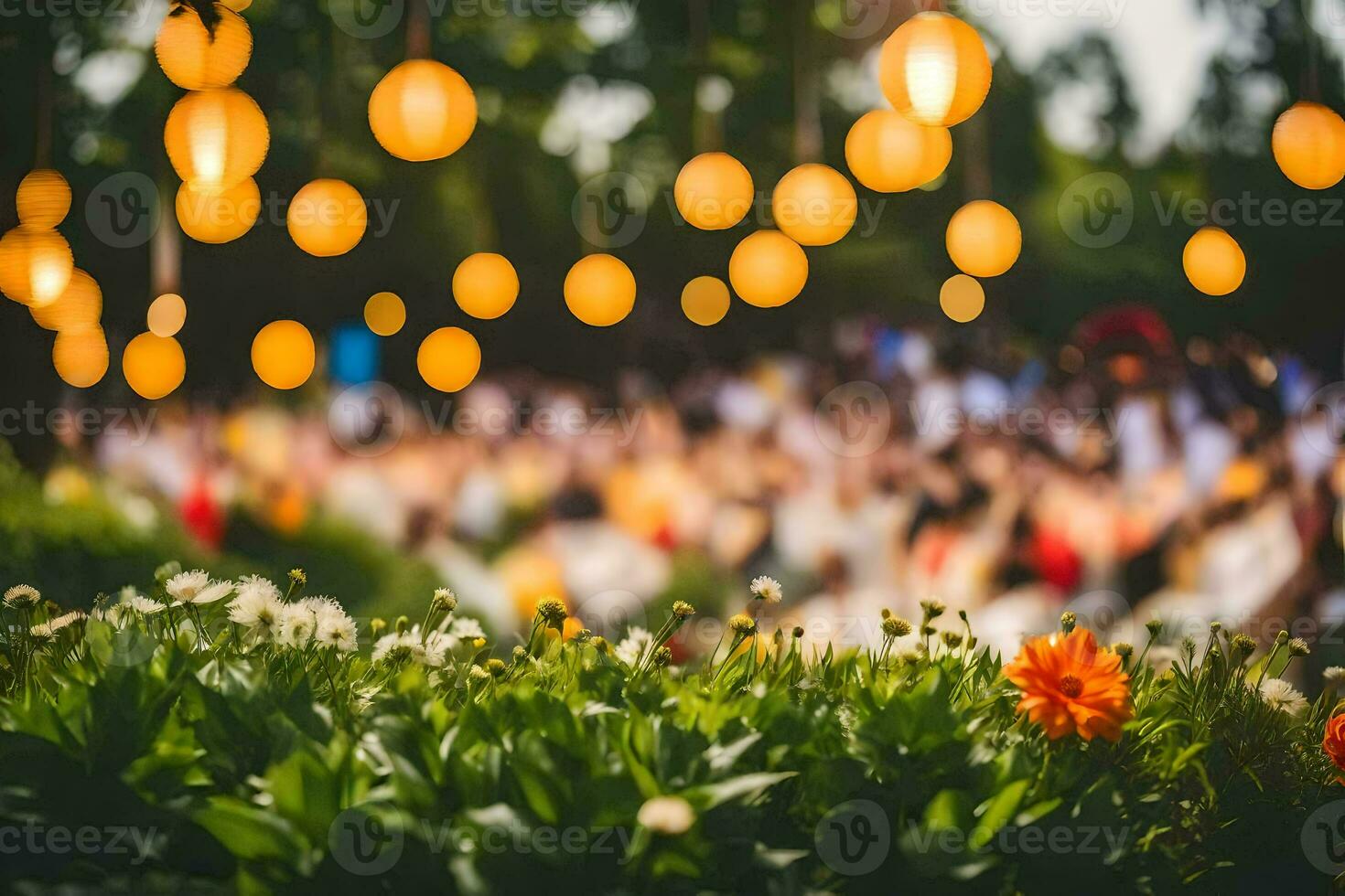 a group of people in the garden with lights hanging from the trees. AI-Generated photo