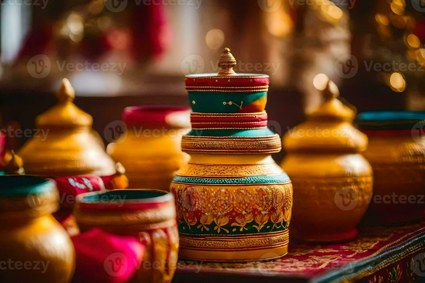 golden vases on a table with colorful decorations. AI-Generated photo