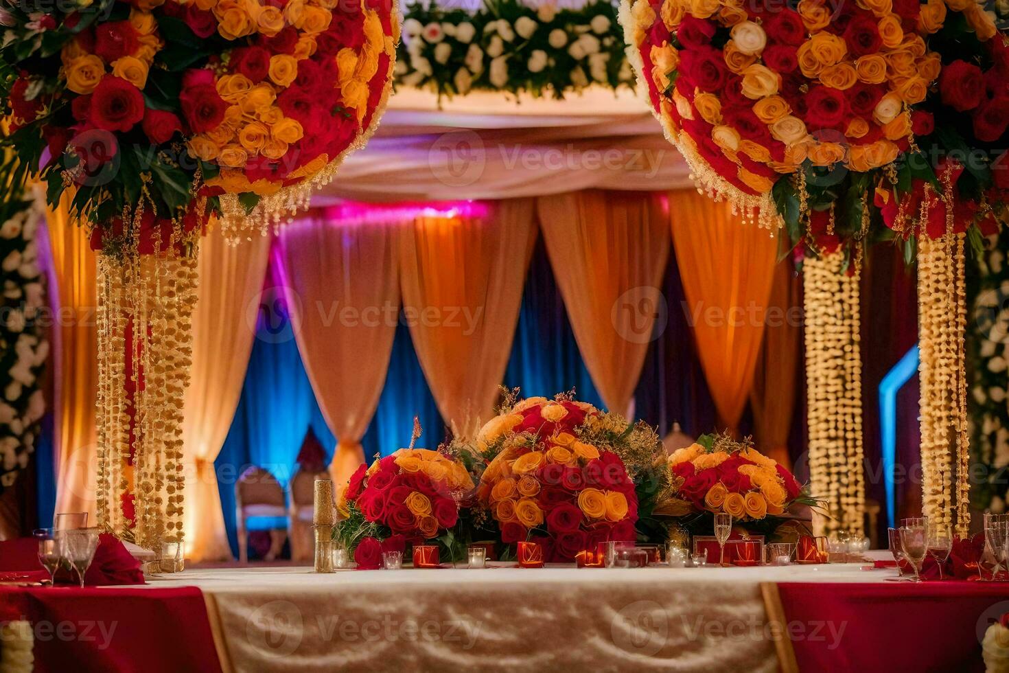 an indian wedding reception with red and orange flowers. AI-Generated photo