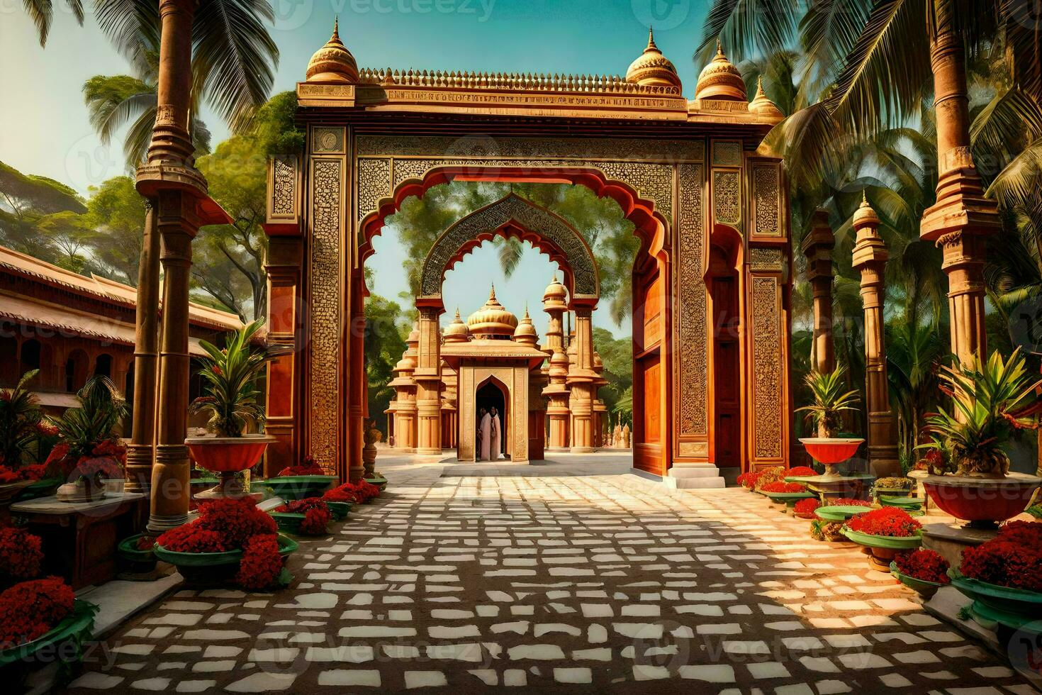 the entrance to a garden with palm trees and a gate. AI-Generated photo
