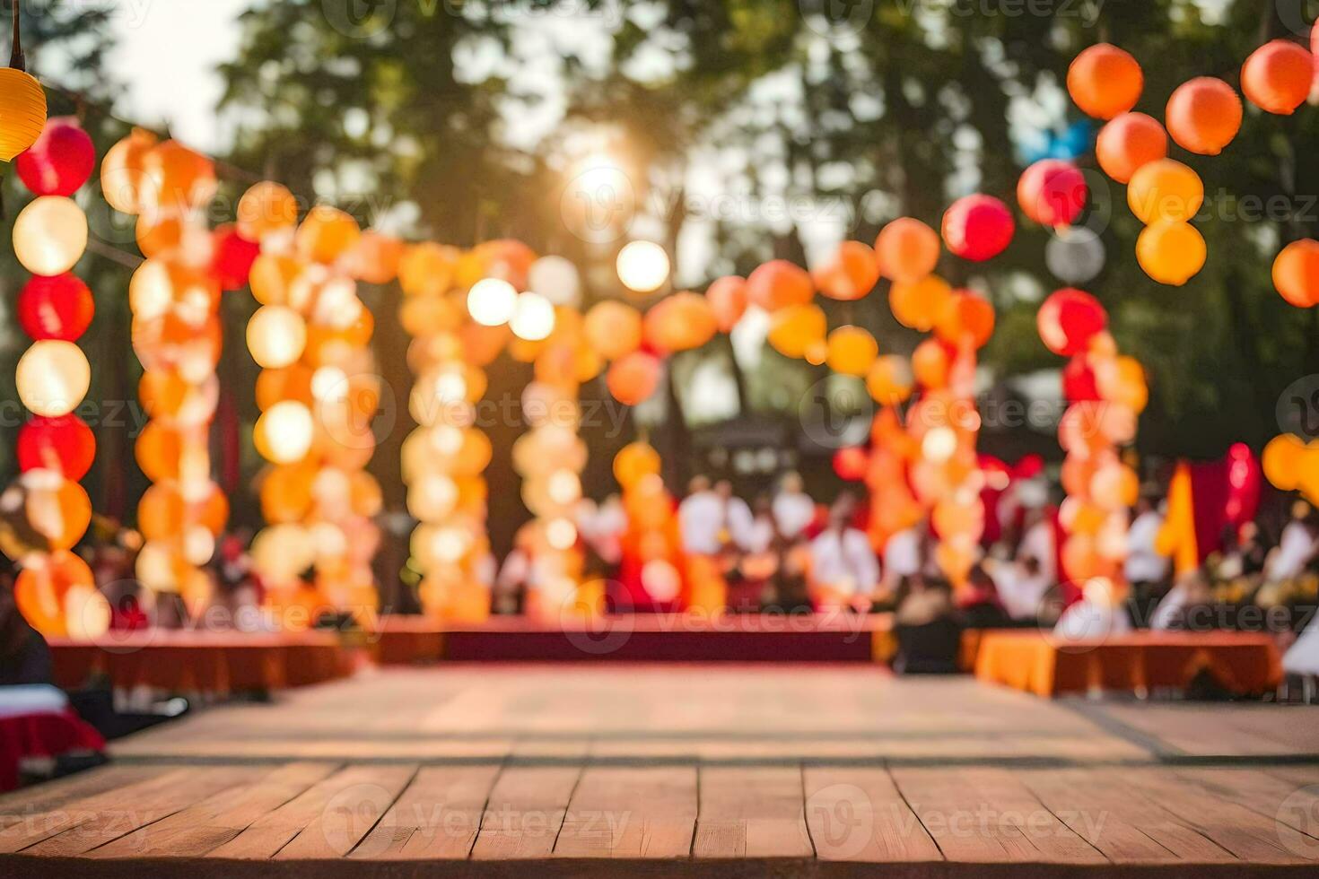 a wooden stage with orange and red balloons. AI-Generated photo