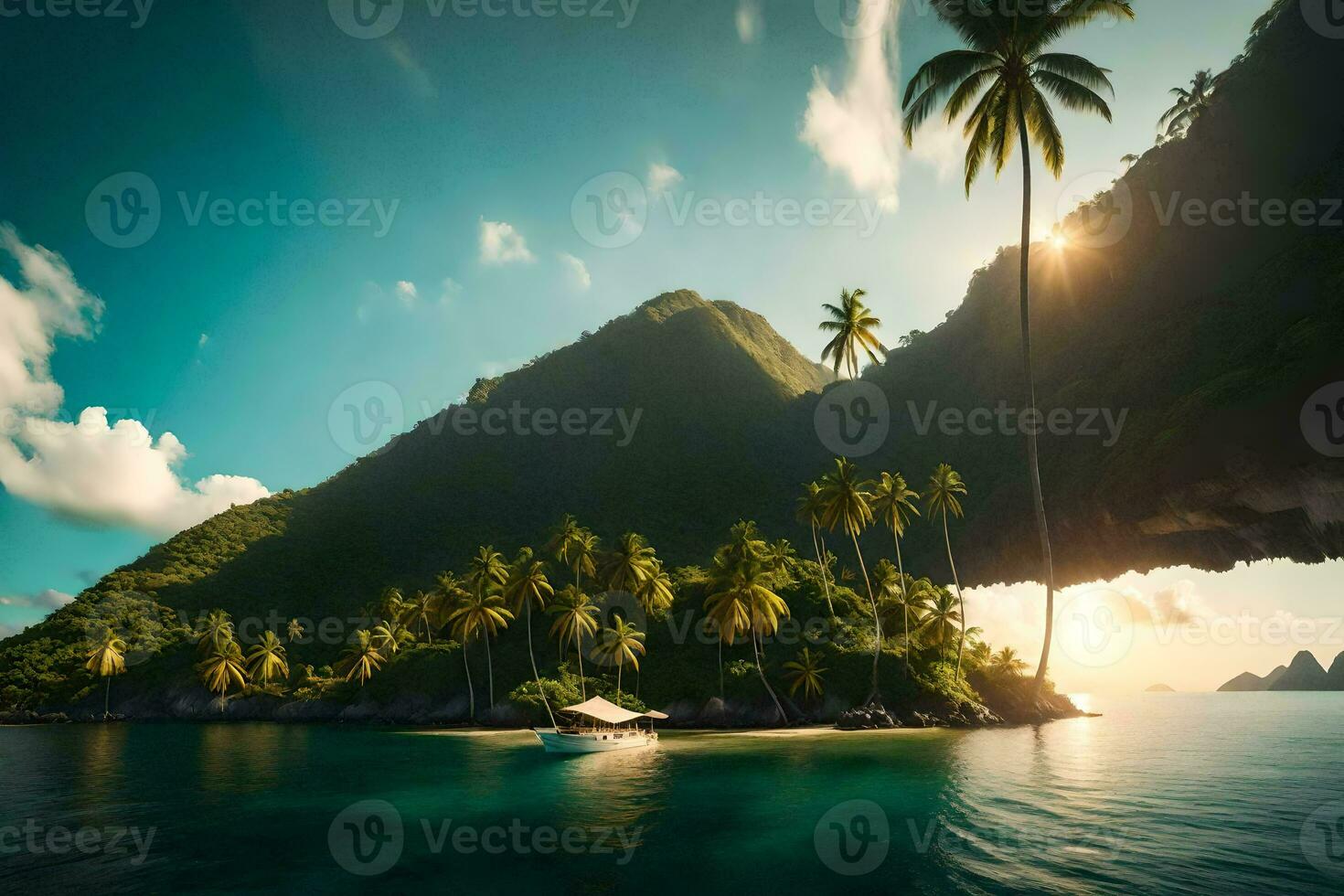 a boat is in the water near a tropical island. AI-Generated photo