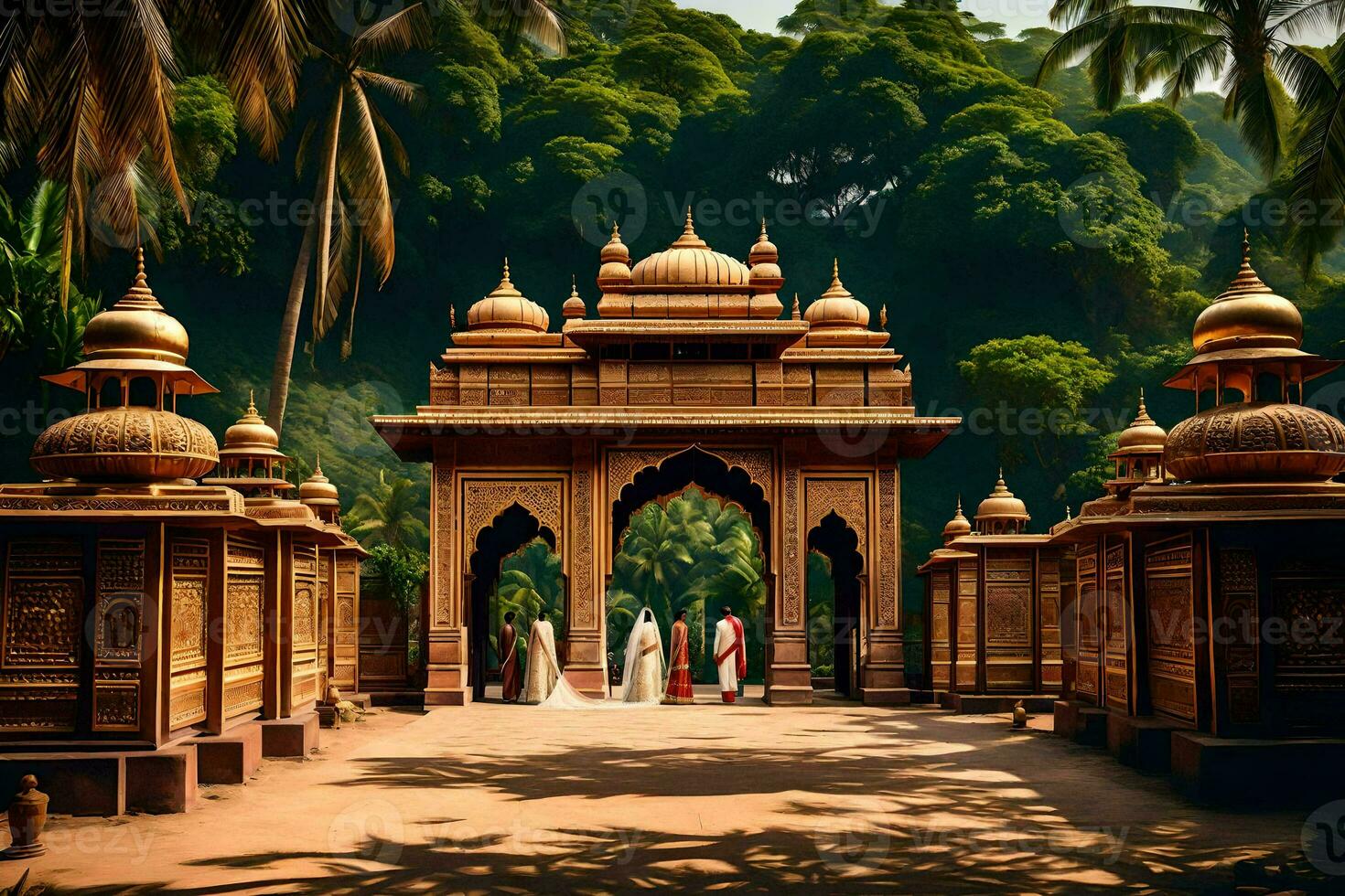 a group of people standing in front of an indian temple. AI-Generated photo
