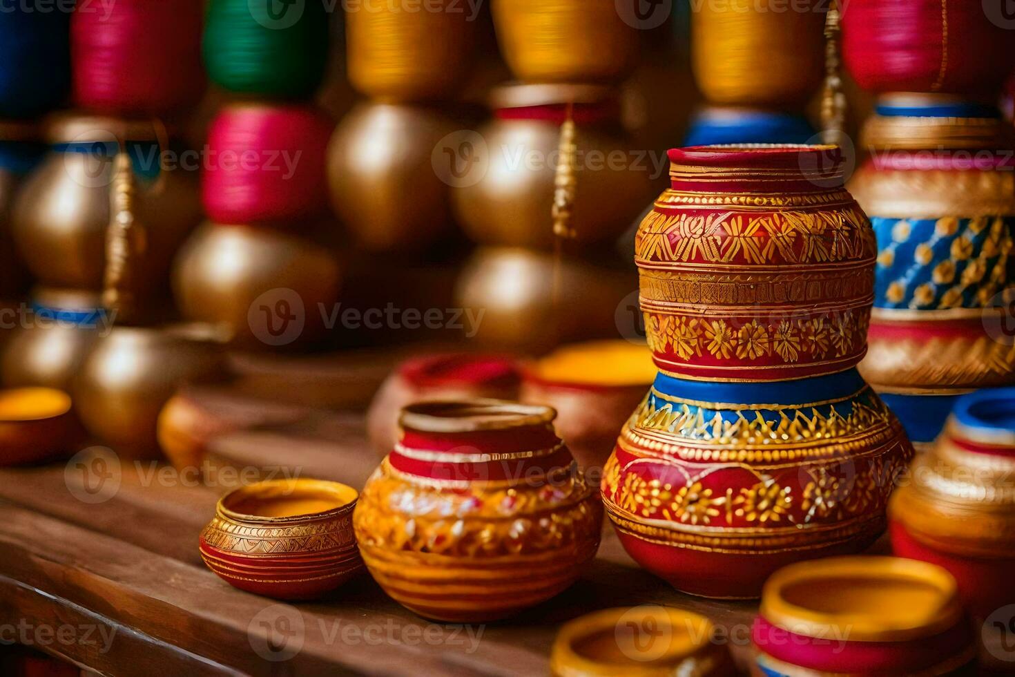 colorful pots and vases are displayed on a table. AI-Generated photo