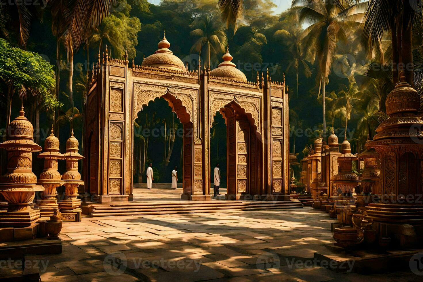 an ornate gate in the middle of a jungle. AI-Generated photo