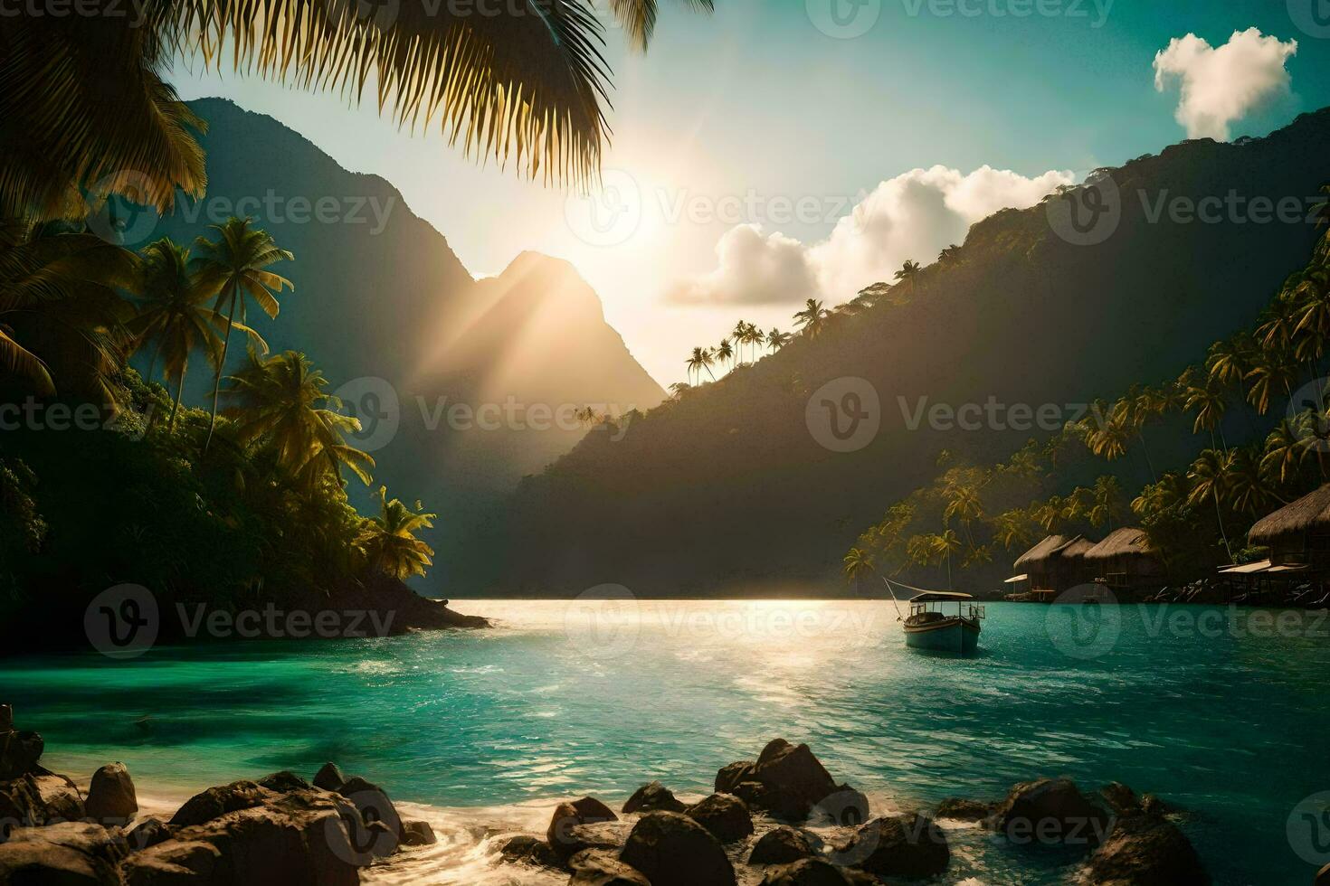 the sun shines over the ocean and a boat sits on the shore. AI-Generated photo