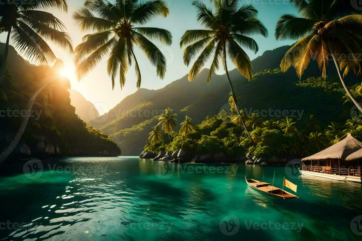 a boat in the ocean near palm trees. AI-Generated photo