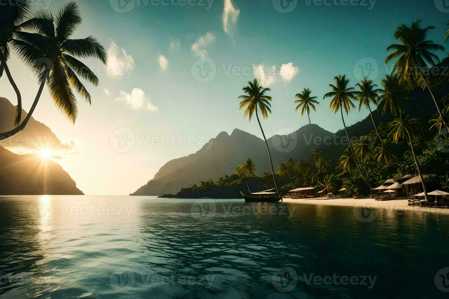 a tropical island with palm trees and a beach. AI-Generated photo