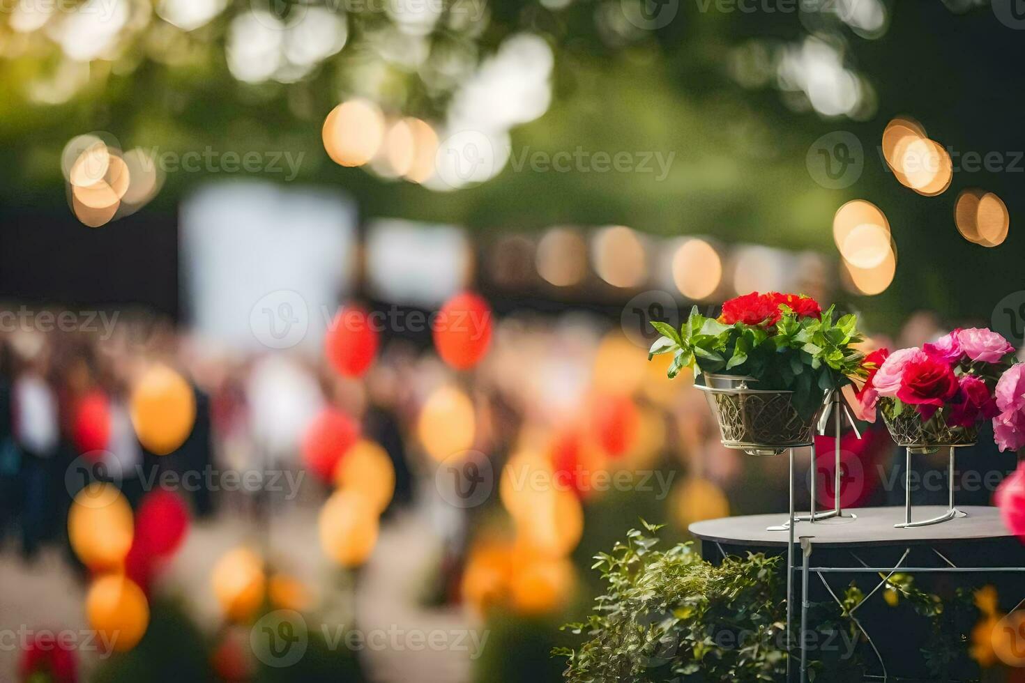flowers in a vase on a table in front of a crowd. AI-Generated photo
