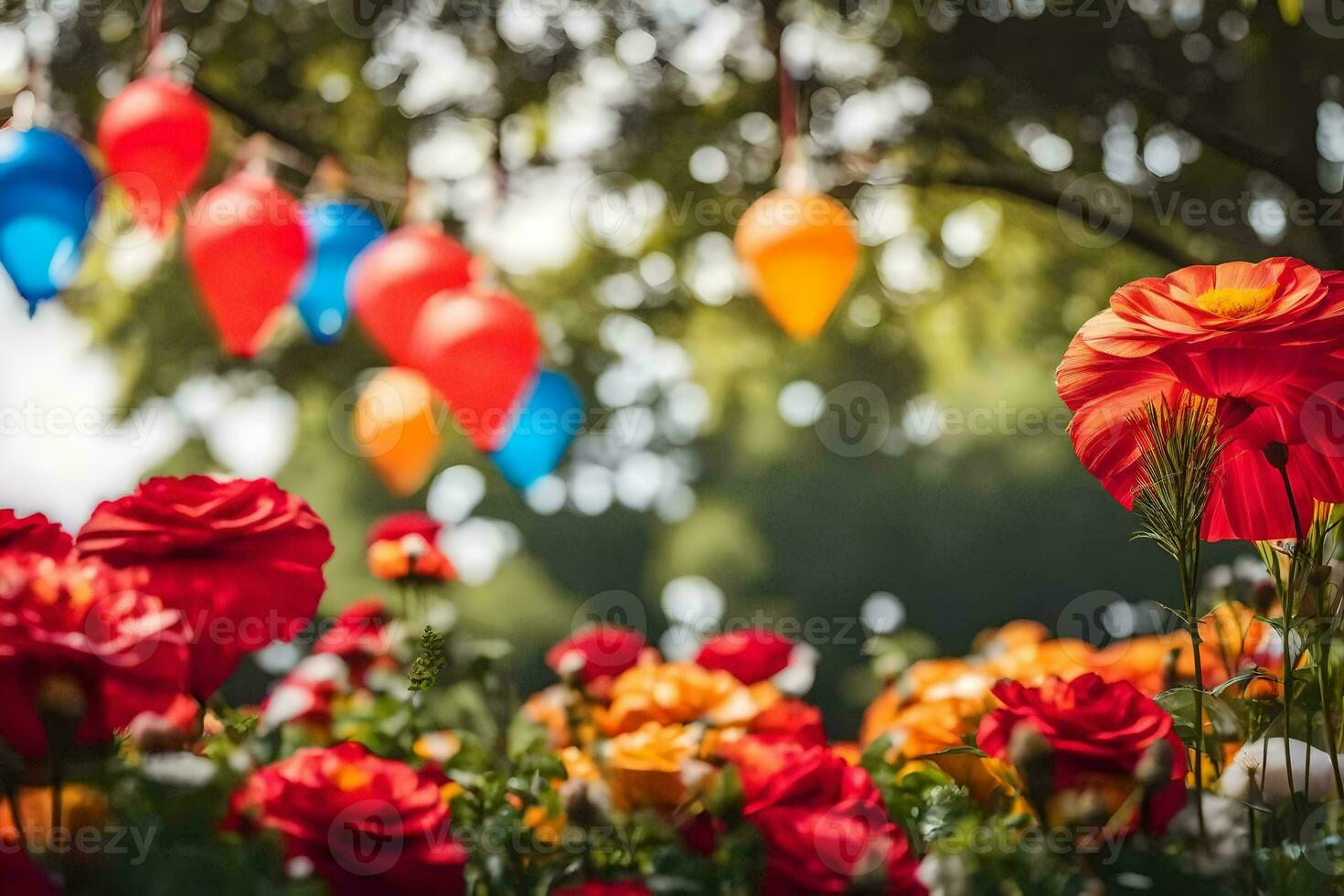 colorful flowers in a garden with balloons. AI-Generated photo