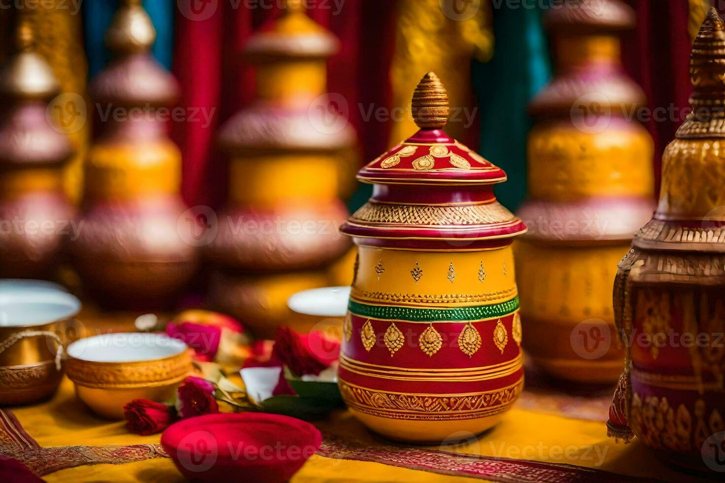 colorful vases and bowls sit on a table. AI-Generated photo