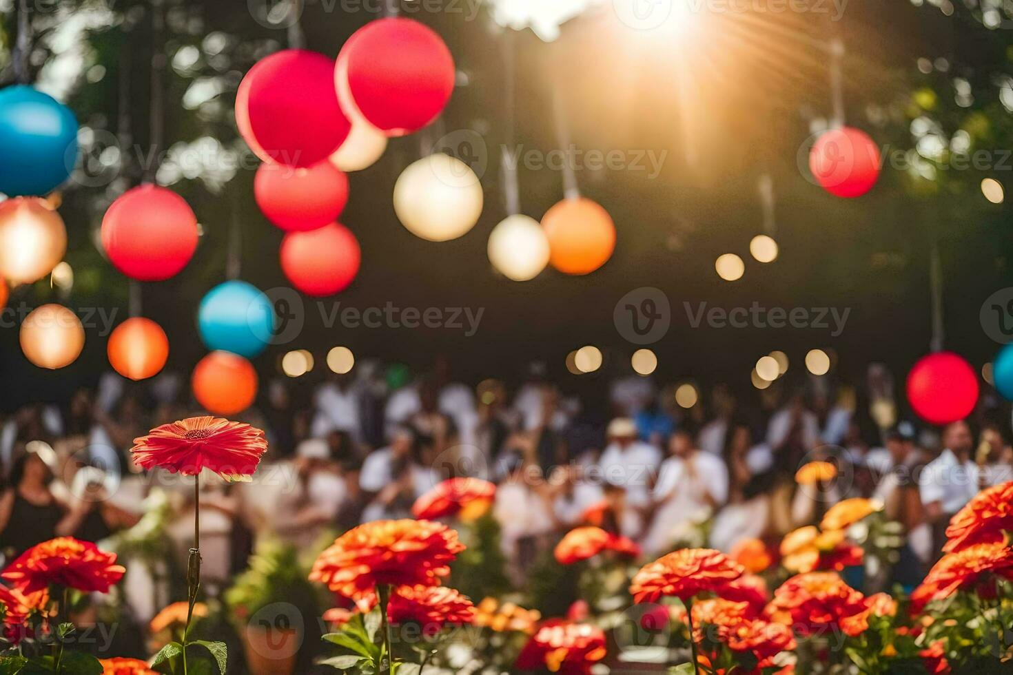 colorful balloons and flowers in the sun. AI-Generated photo