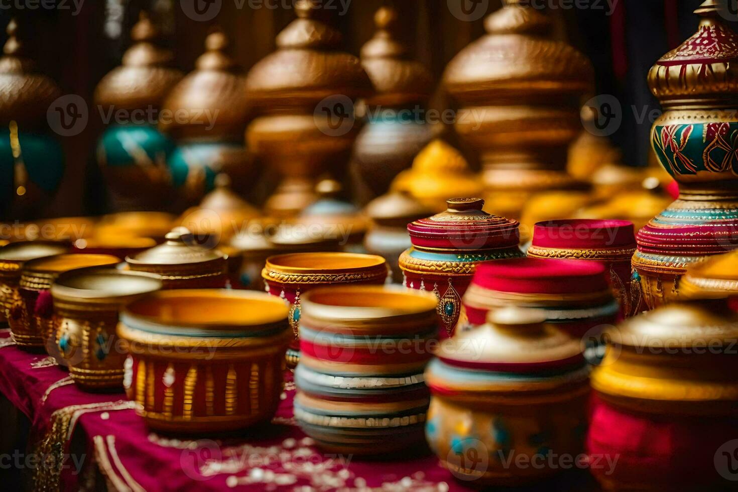 many colorful pots and vases are on display. AI-Generated photo