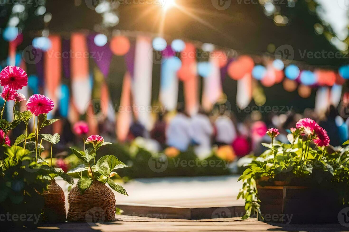 flowers in pots on a wooden deck with sun shining behind. AI-Generated photo