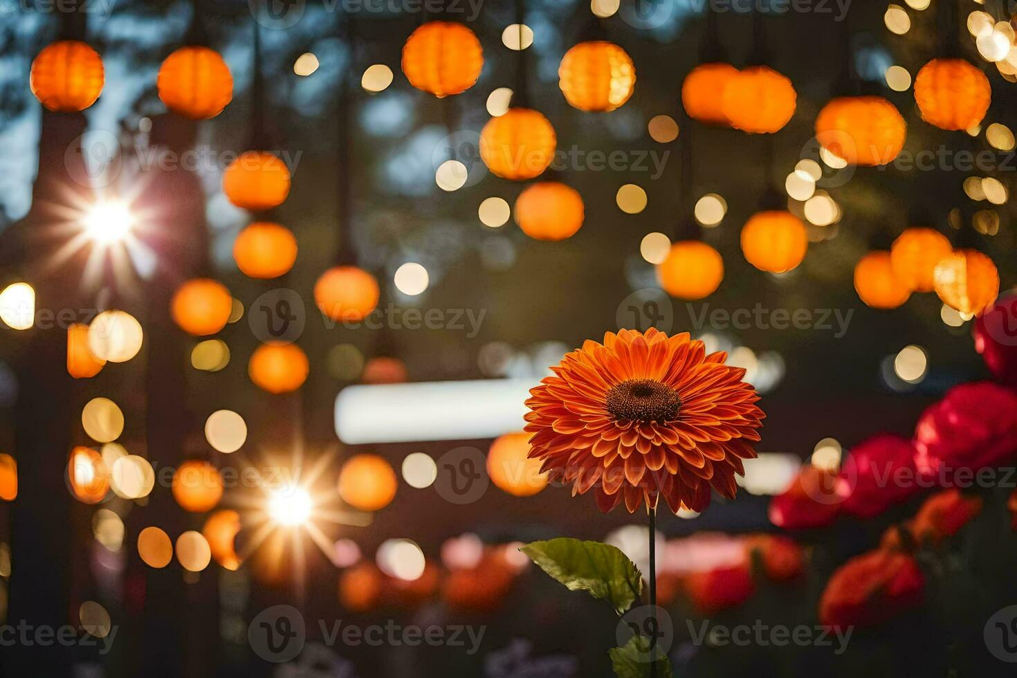a flower in front of a group of lights. AI-Generated photo