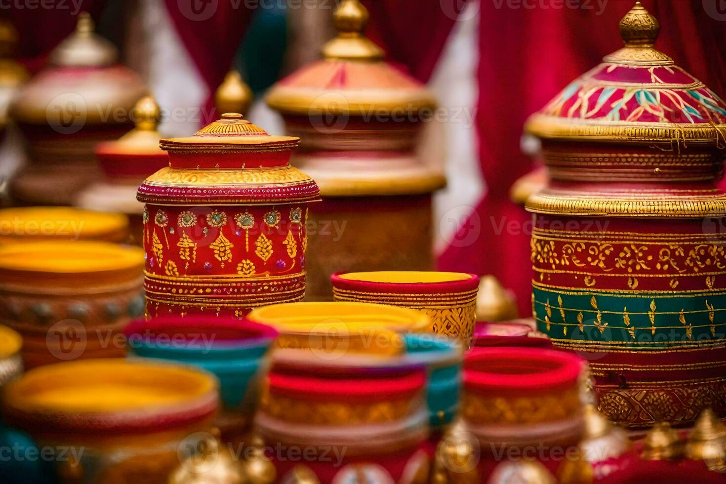 colorful pots and vases are displayed on a table. AI-Generated photo